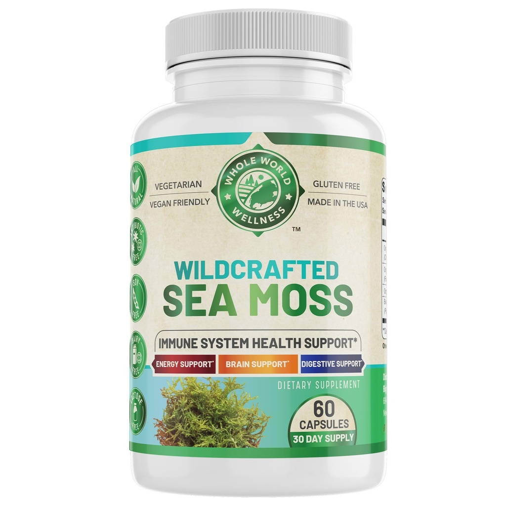Organic Sea Moss | Immune Support & Brain Health | Bladderwrack, Burdock Root & Bioperine | All Natural, Dairy Free, Gluten Free | 60 Capsules | Made in The USA.