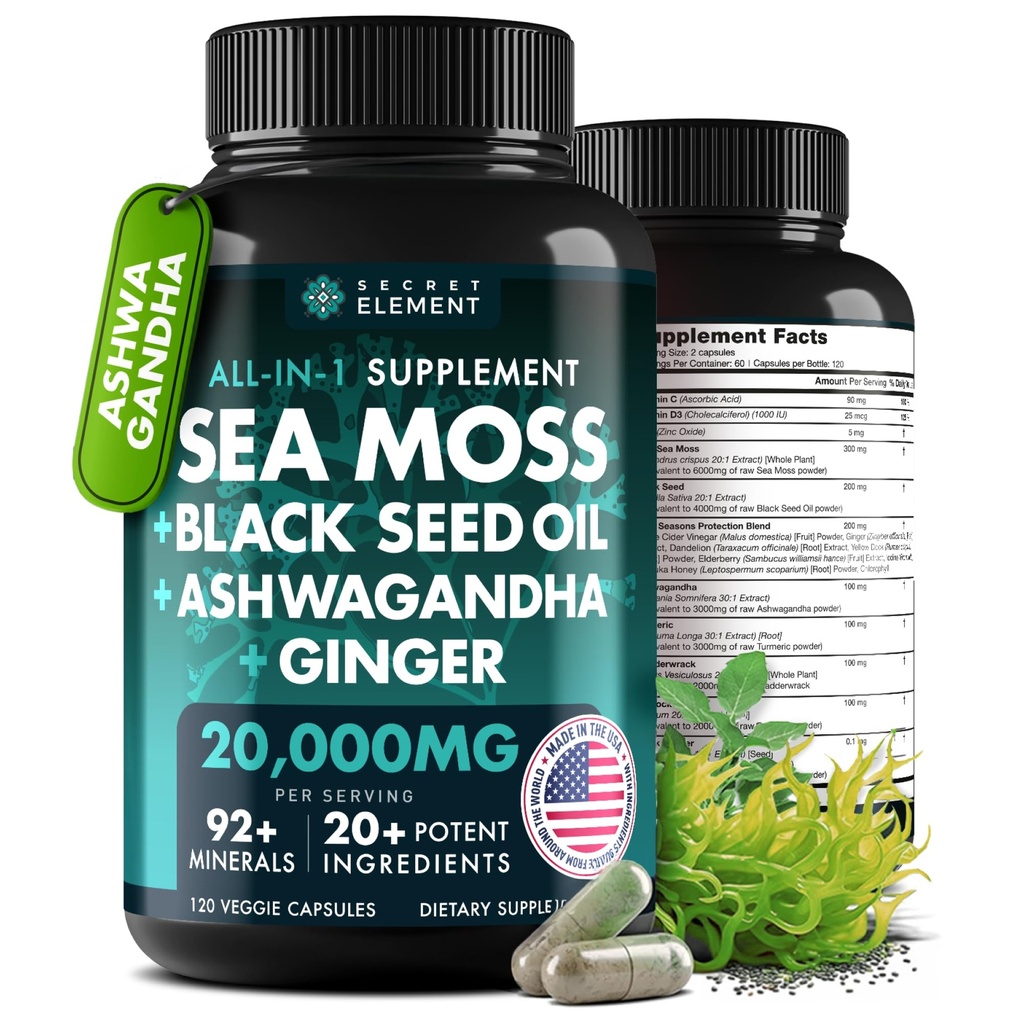 Secret Element Irish Sea Moss Black Seed Oil Ashwagandha Ginger, 20,000mg Capsules, Seamoss Black Seed Oil Ashwagandha Burdock Root, All in One Supplement, 120 Capsules