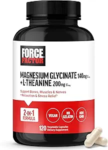 Force Factor Magnesium + L-Theanine, Magnesium Bisglycinate Supplement to Support Bones, Muscles, Nerves, Relaxation, and Mood, Vegan, No Gelatin, Non-GMO, 120 Vegetable Capsules