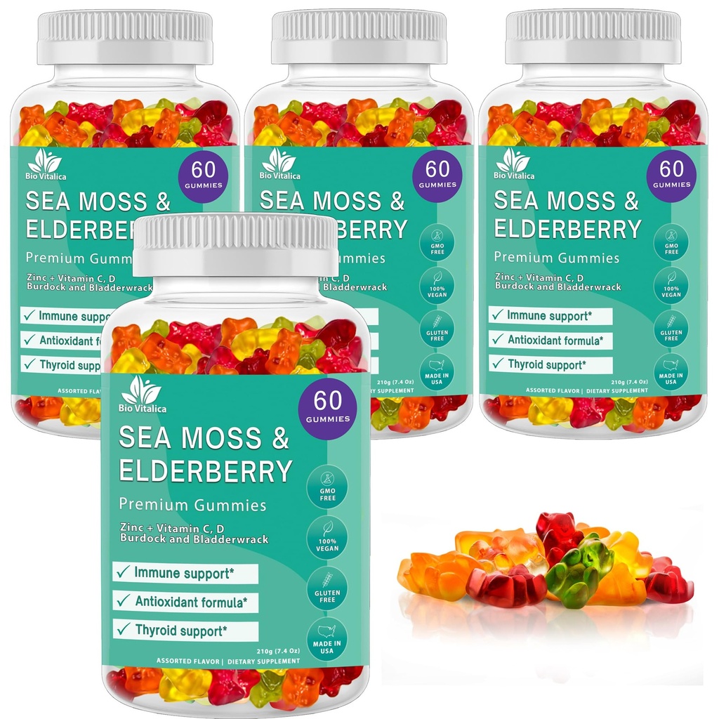 BIO VITALICA (Bundle) Sea Moss Elderberry (3 Packs) & Sea Moss Elderberry Gummies (1 Packs) BioVitalica