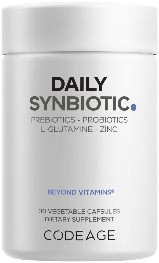 Codeage Daily Synbiotic Supplement - Prebiotics, Lactobacillus & Bifidobacterium Probiotics, L-Glutamine, Zinc L-Carnosine, DGL, Synbiotic Probiotic, BioPerine - Shelf-Stable - 30 Capsules