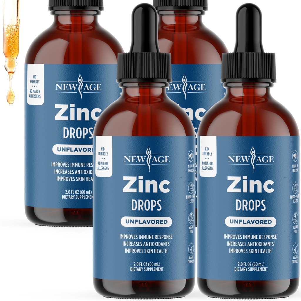 Liquid Zinc Drops for All Ages by NEW AGE - Zinc Sulfate for Immune Support, Vegan, Non-GMO & Gluten Free, 120 Day Supply, 4-Pack