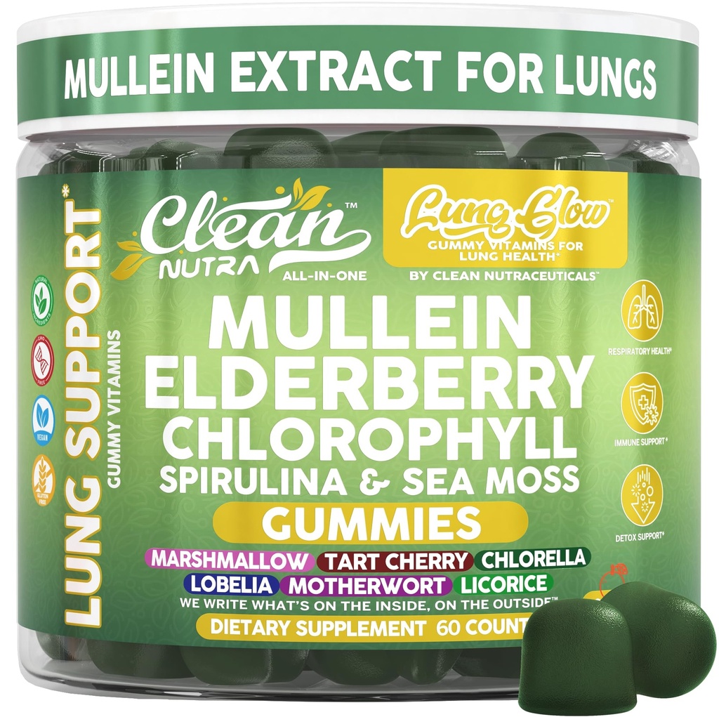 Clean Nutra Mullein Gummies for Lung Health Support with Elderberry Chlorophyll Spirulina Tart Cherry Sea Moss Vitamin C Lutein Marshmallow Root Licorice Root Superfood Greens Mucus Relief 60 Gummies