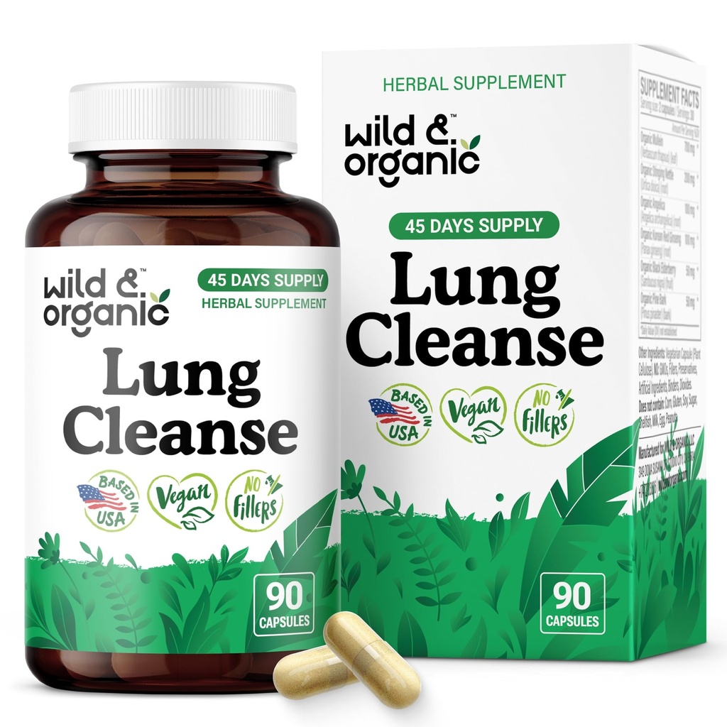 Wild & Organic Lung Cleanse Capsules - Lung Support Supplement with Mullein Leaf, Stinging Nettle, Angelica & Korean Panax Ginseng Powder - Vegan, No Fillers, Non-GMO - 90 Count