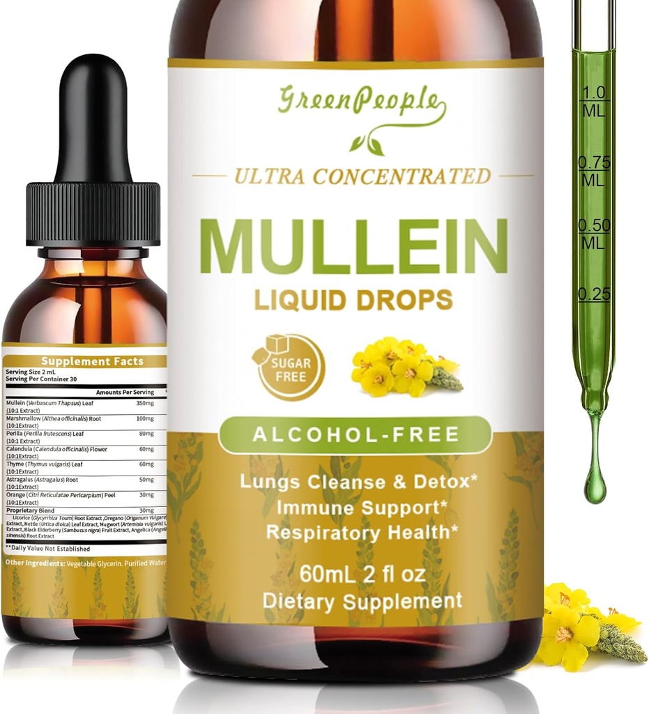 GREENPEOPLE Mullein Drops for Lungs & Lymphatic Drainage - 13-in-1 Botanical Blend w/Marshmallow Root, Elderberry, Ρίγανη για αναπνευστική υποστήριξη - Lung Detox για καπνιστές - Χωρίς αλκοόλ, 2 fl