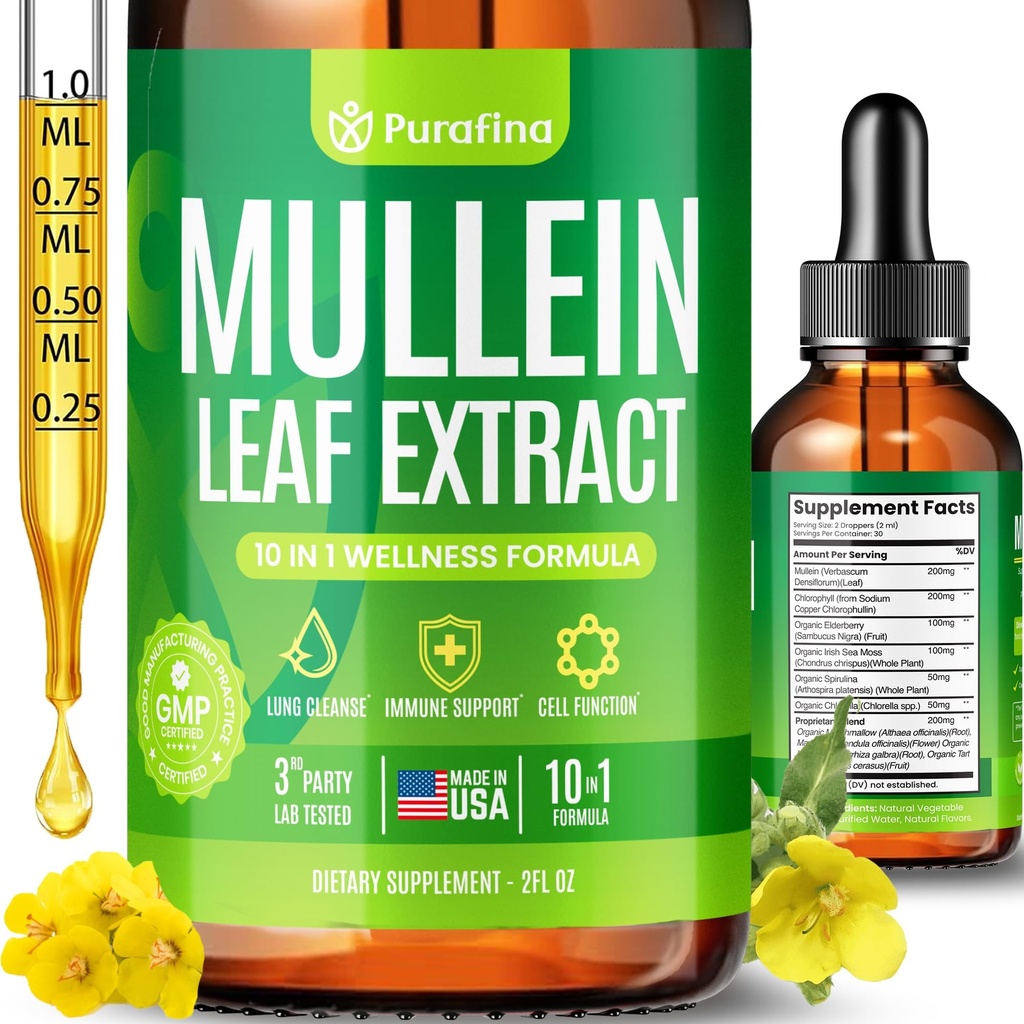Mullein Drops For Lungs, 10-in-1 Mullein Leaf Extract for Lung Cleanse with Chrolophyll, Sea Moss, Spirulina, Elderberry Organic Respiratory Health Lung Detox - USA Made Mullin Supplement (1 Bottle)