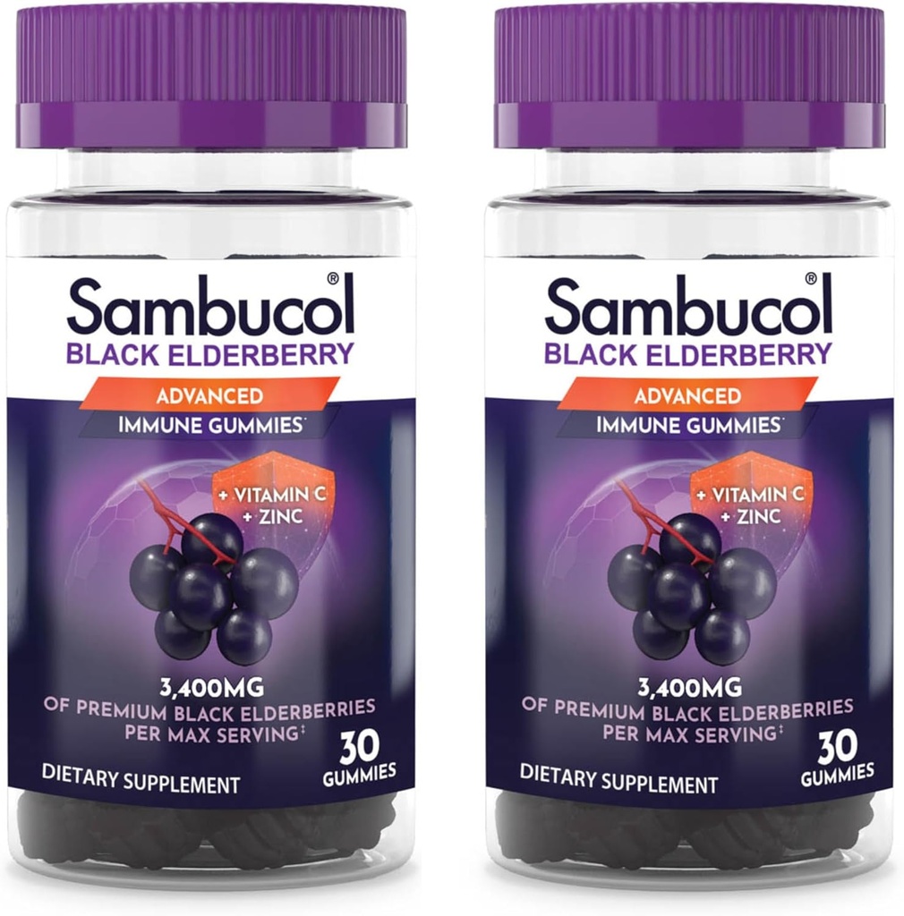 Sambucol Black Elderberry Gummies with Vitamin C & Zinc - Sambucus Elderberry Gummies for Immune Support, High Antioxidants, Gluten Free, Vegan, Elderberry with Zinc & Vitamin C - 30 Count, 2 Pack