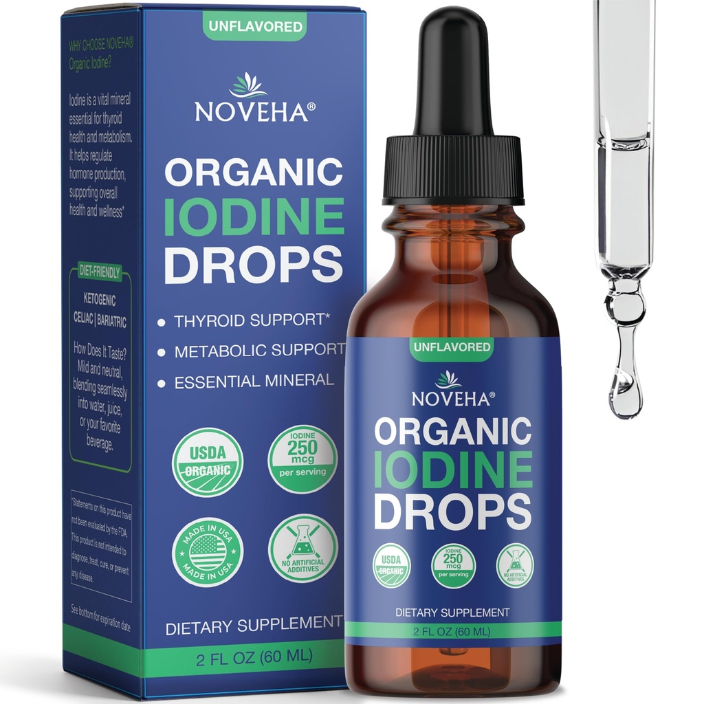 NOVEHA Organic Iodine Drops for Thyroid Health & Metabolism Support - Potassium Iodide Liquid Supplement, 250 mcg per Serving, USDA Organic, Vegan, Non-GMO, Gluten-Free | 30-Month Supply - 2 Fl Oz