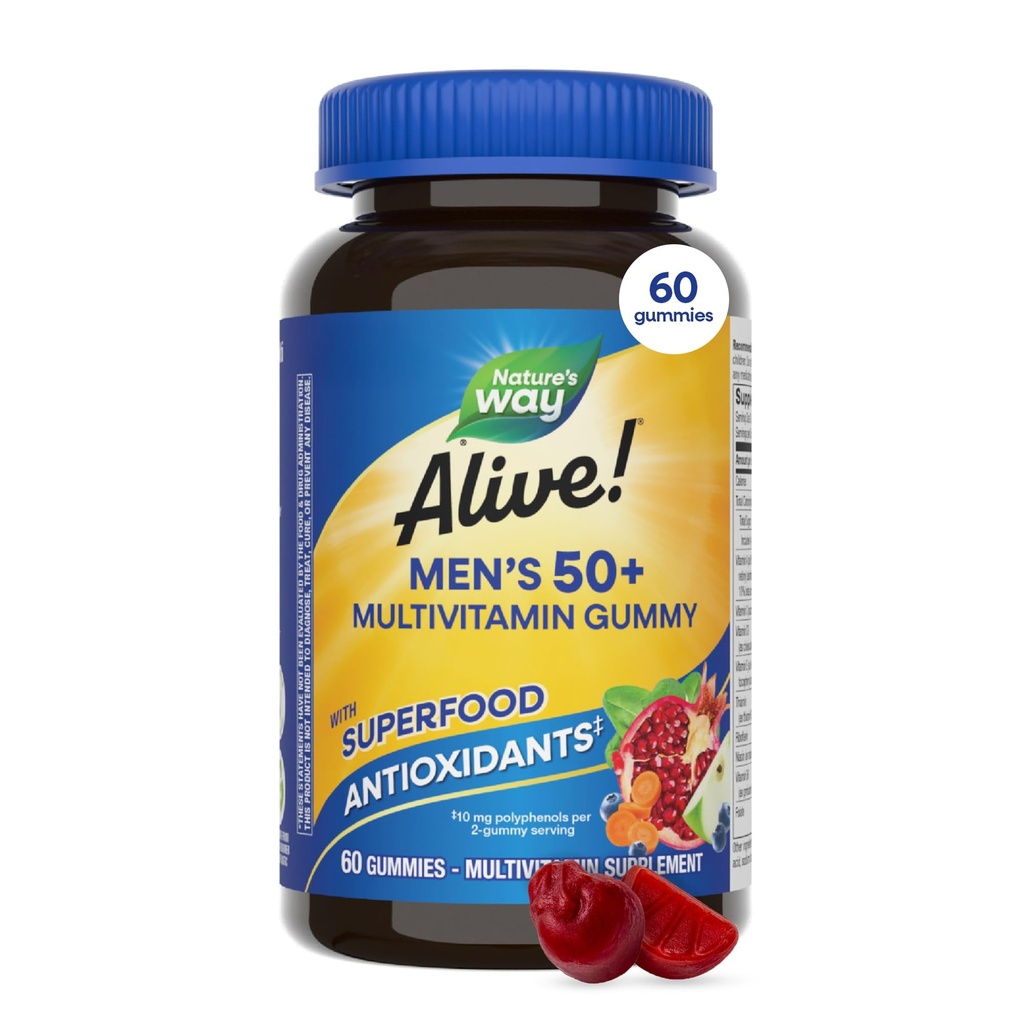 Nature's Way Alive! Men’s 50 Plus Multivitamin Gummy, Daily Chewable Multivitamins for Men with B-Vitamins, Vitamin D3 & Zinc, Supports Heart, Eye & Energy Metabolism,* Fruit-Flavored, 60 Gummies