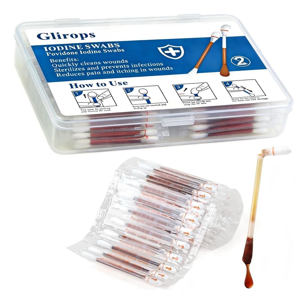 100 Sticks Povidone Iodine Swabsticks - Snap-to-Activate Iodine Swabs for First Aid & Nasal Care, 10% Solution Wound Care Supplies, Individually Wrapped in Reusable Case