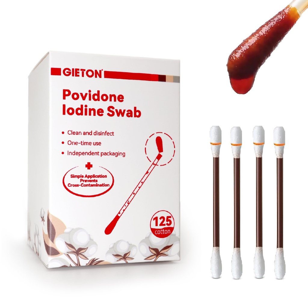 FSA | HSA Eligibl Povidone Iodine Swabs (125-Count), Iodine Swabsticks，Iodine Cotton swabs, Wound Care, First Aid Kits, Nasal & Ear Gentle Care and Emergency Care for The Whole Family.