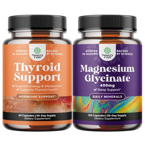Bundle of Herbal Thyroid Support Complex - Potent Kelp Iodine with L Tyrosine Bladderwrack Selenium Ashwagandha and Pure Magnesium Glycinate Supplement 400mg Per Serving for Mood Sleep and Relaxation