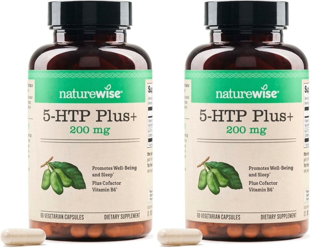 NatureWise 5-HTP 200mg Supplement from Griffonia Seeds with Cofactor Vitamin B6 - Mood Support and Natural Sleep Aid for Adults - Delayed-Release,Vegan - [2-Month Supply],60 Count (Pack of 2)