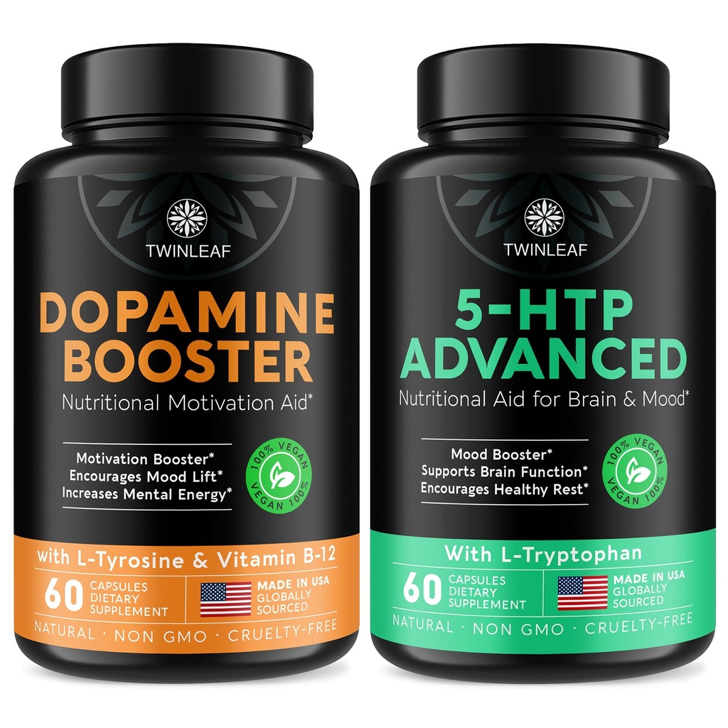 Twinleaf 5-HTP & Dopamine Support Supplement Bundle - 5-HTP, L-Tyrosine, Vitamin B12 for Daily Well-Being - 60 Vegan Capsules Each - Made in USA