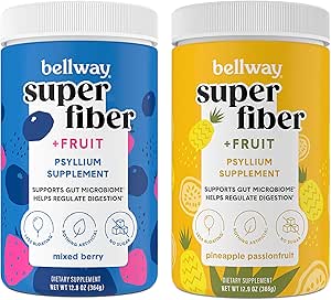 Bellway Super Fiber Powder + Fruit, Sugar Free Organic Psyllium Husk Powder Fiber Supplement for Regularity, Bloating Relief & Gut Health, Non-GMO, Mixed Berry & Pineapple Passion Fruit