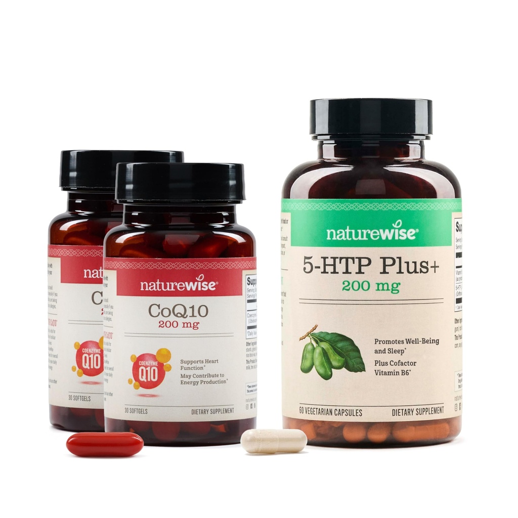 NatureWise (Pack of 2) CoQ10 200mg - High Potency Ubiquinone, Non-GMO - 30 Softgels[30-Day Supply] + [1] 5-HTP 200mg + Vitamin B6 - Non-GMO, Vegan - 60 Capsules[60-Day Supply]