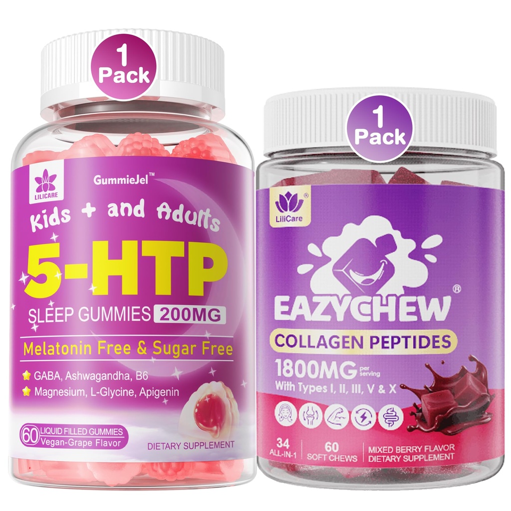LILICARE 5HTP Gummies for Adults & Kids + Collagen Peptides Soft Chews 3000mg for Women & Men