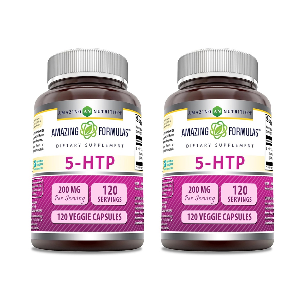Amazing Formulas 5 HTP (L-5-Hydroxytryptophan) Supplement | 200 Mg per Serving | Veggie Capsules | Non-GMO | Gluten-Free | Made in USA (2 Pack, 120 Count)