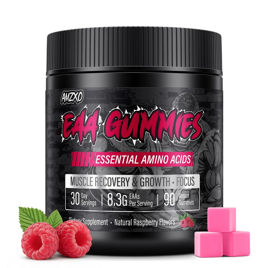 EAA Gummies - 2:1:1 BCAA Formula (8300mg) - Essential Amino Acids for Muscle Recovery & Endurance - Μη ΓΤΟ, Χωρίς γλουτένη, Χωρίς ζάχαρη, Χορτοφαγικά, Βατόμουρο Γεύση - 90 Count