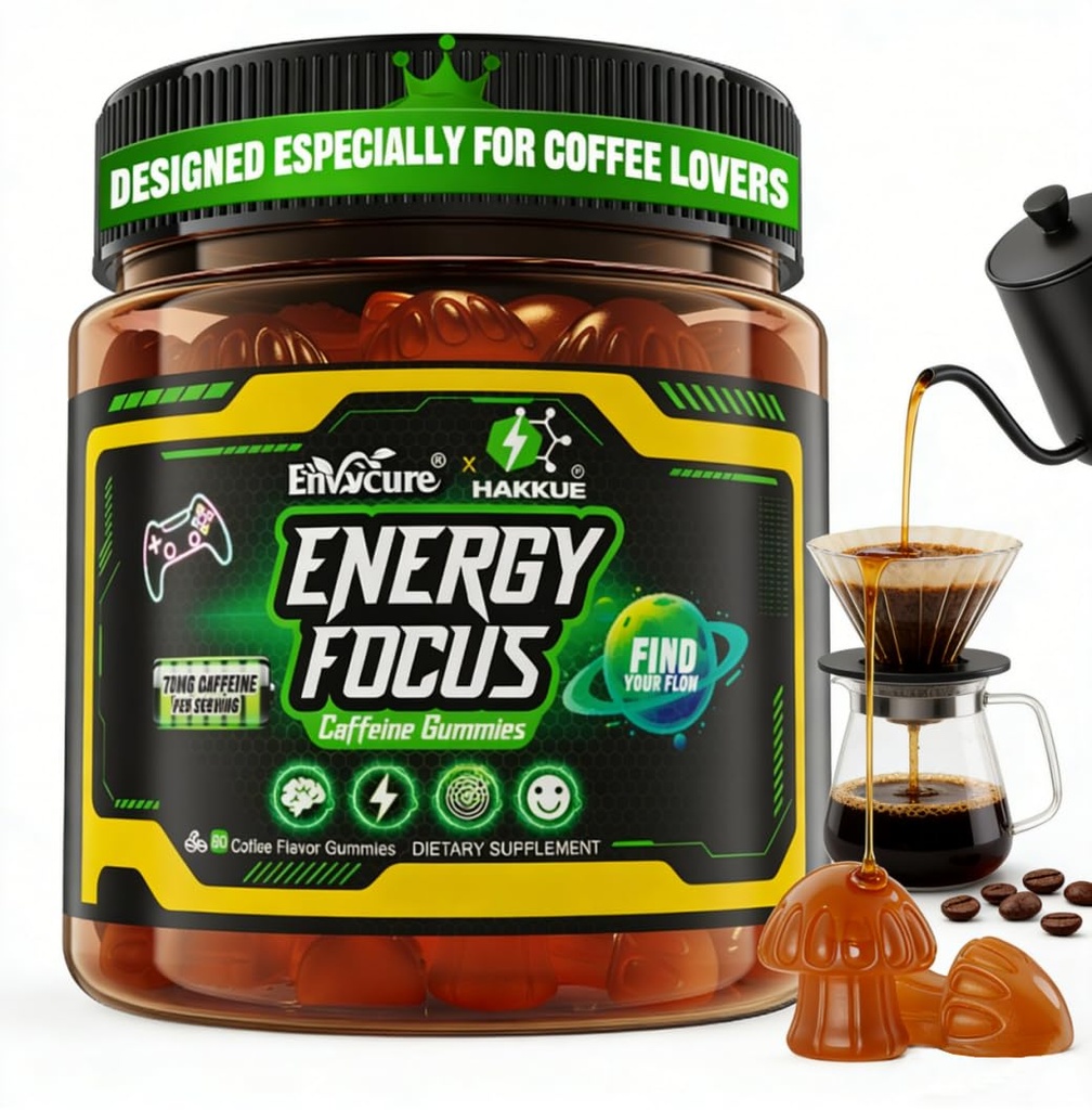 Energy & Focus Caffeine Gummies, Hakkue® Brain-Fuels Supplement with 5-HTP, L-Tryptophan, Magnesium & Vitamins B6, B12, D. Coffee Flavor, Crash-Free for Work, Study & Daily Productivity, 60 Counts