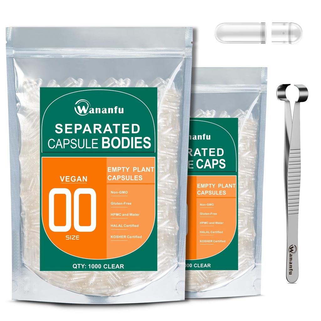 wananfu Size 00 Separated Empty Capsules Vegetarian (1000 Count) Bundle with Capsule Tweezer and Micro Spoon, Clear Fillable Vegan Pill Capsules 00 for Making Your Own Supplements