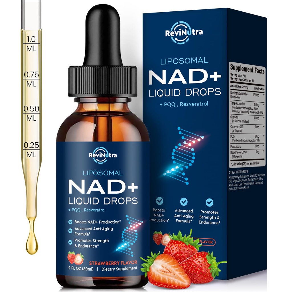 Liposomal NAD+ Liquid Supplement, Nad Resveratrol Supplement for Women & Men, Nicotinamide with PQQ, CoQ10, Quercetin for Anti-Aging, Brain, Cellular Energy Health, Strawberry Flavor, 2 Fl Oz