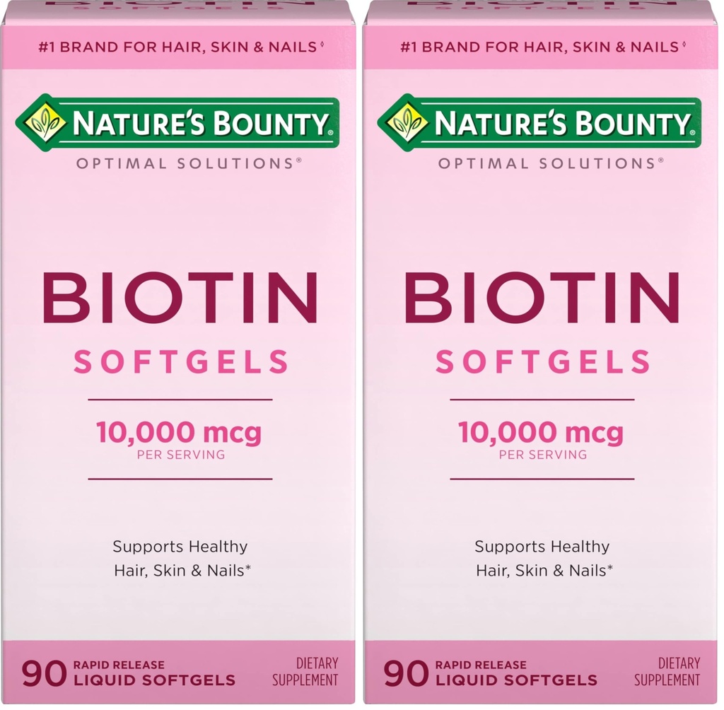 Nature's Bounty Biotin 10000mcg Supplement, Supports Healthy Hair, Skin and Nails, Optimal Solutions Hair Vitamin with Biotin, 90 Rapid Release Liquid Softgels (Pack of 2)