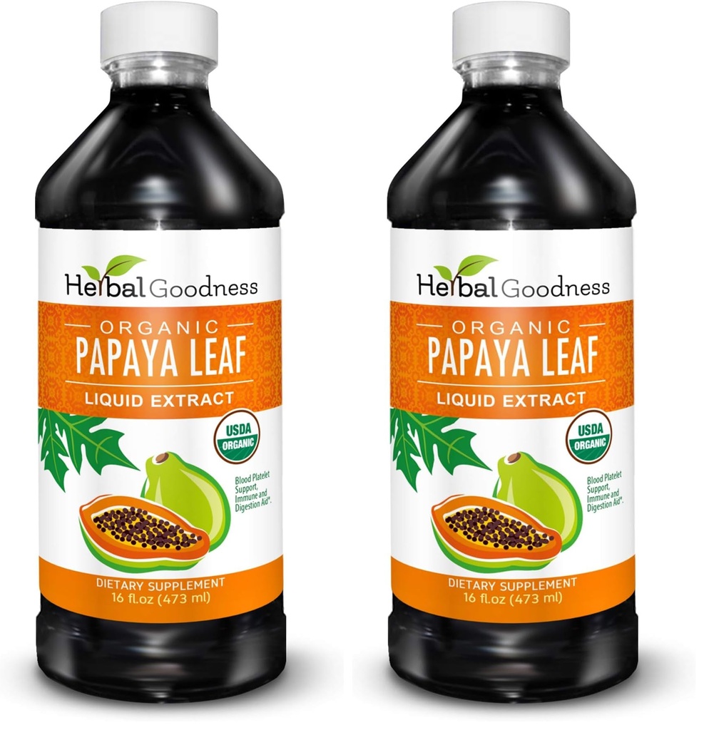 Herbal Goodness Papaya Leaf Extract Platelet Support - 15X Blood Platelet Boost, Bone Marrow & Spleen Support, Immune & Gut Health, Digestive Enzyme - Organic Kosher 16 oz Liquid Extract (Pack of 2)