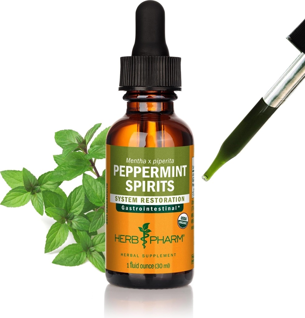 Herb Pharm Peppermint Spirits Liquid Extract: Organic Herbal Digestion Support | Mentha piperita Tincture | Fast-Absorbing for Occasional Nausea & Upset Stomach Support, Up to ~3 Week Supply, 1 oz*