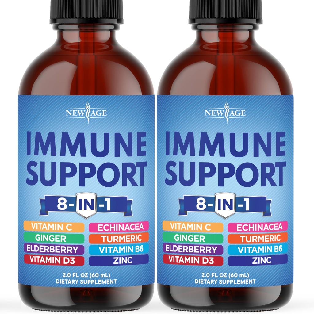 NEW AGE 8-in-1 Immune Support Liquid Drops – Elderberry, Turmeric Curcumin, Echinacea, Ginger, Vitamins C & D3, Zinc & B6 – Fast-Absorbing Immune & Antioxidant Support – Vegan, Non-GMO – 4 oz