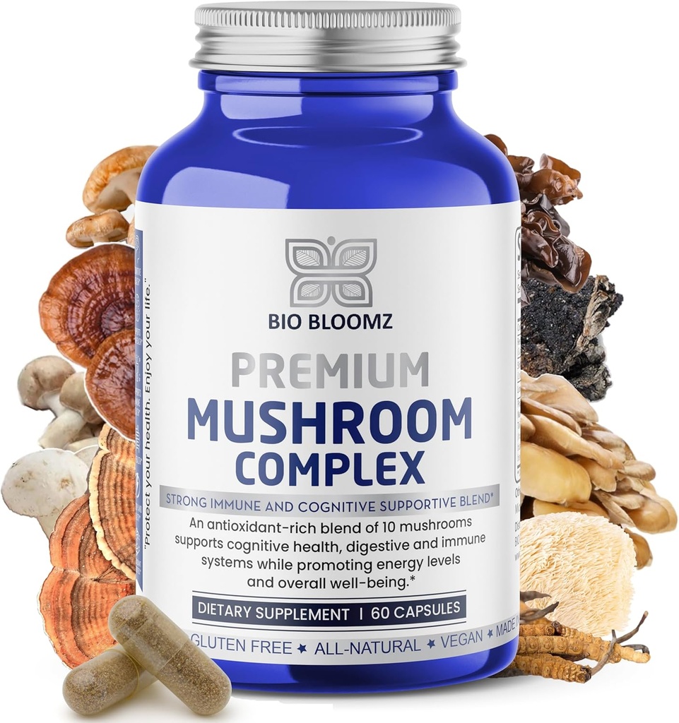Premium Mushroom Complex κάψουλες - Lion's Mane συμπλήρωμα Wellness Formula με Turkey Tail, Shiitake, Cordyceps, Reishi, Chaga, Maitake - Ανοσοποιητική υποστήριξη Μανιτάρια Βοτανικά συμπληρώματα - 60