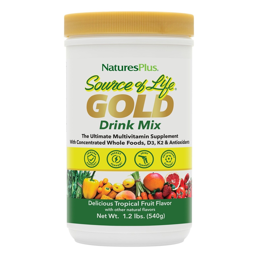 NaturesPlus Source of Life GOLD Drink Mix, Tropical Fruit Flavor - 1.2 lb - Multi-Vitamin Supplement - Blood, Bone & Immune Support - Gluten Free - 30 Servings