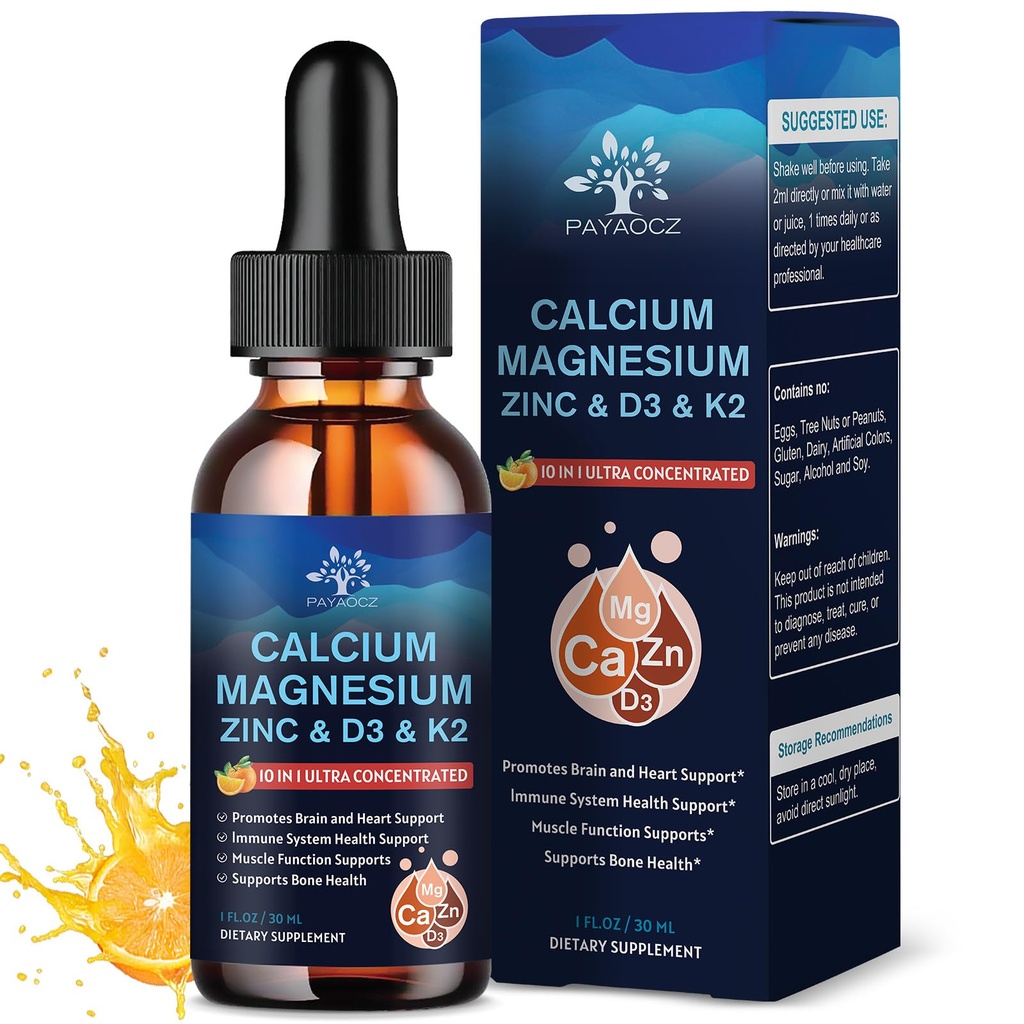 (2 Pack) 10 in 1 Magnesium Calcium Zinc Supplement with Vitamin C D3 K2, Glycinate Mag Vegan Liquid Drops Plus L-Theanine Boron Sea Moss Extract, Bone & Immune Support, Orange Flavor, 1 Fl Oz