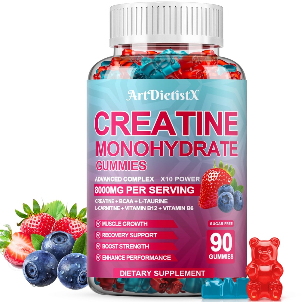 Creatine Monohydrate 8000mg Gummies with BCAA, L-Carnitine, Taurine & Vitamin B12 - Pre Workout Supplement for Muscle Growth, Strength & Energy, Multi-Flavor Chewable Gummies, 90 Count for Men & Women