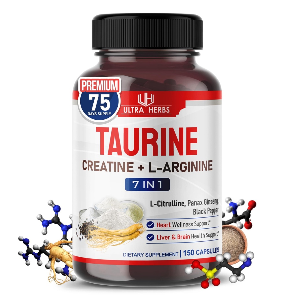 Taurine Supplement enriched with Creatine, L-Arginine, L-Citrulline, Panax Ginseng | Taurine Capsules for Heart Wellness, Nervous System, Brain & Eye Health | 150 Capsules