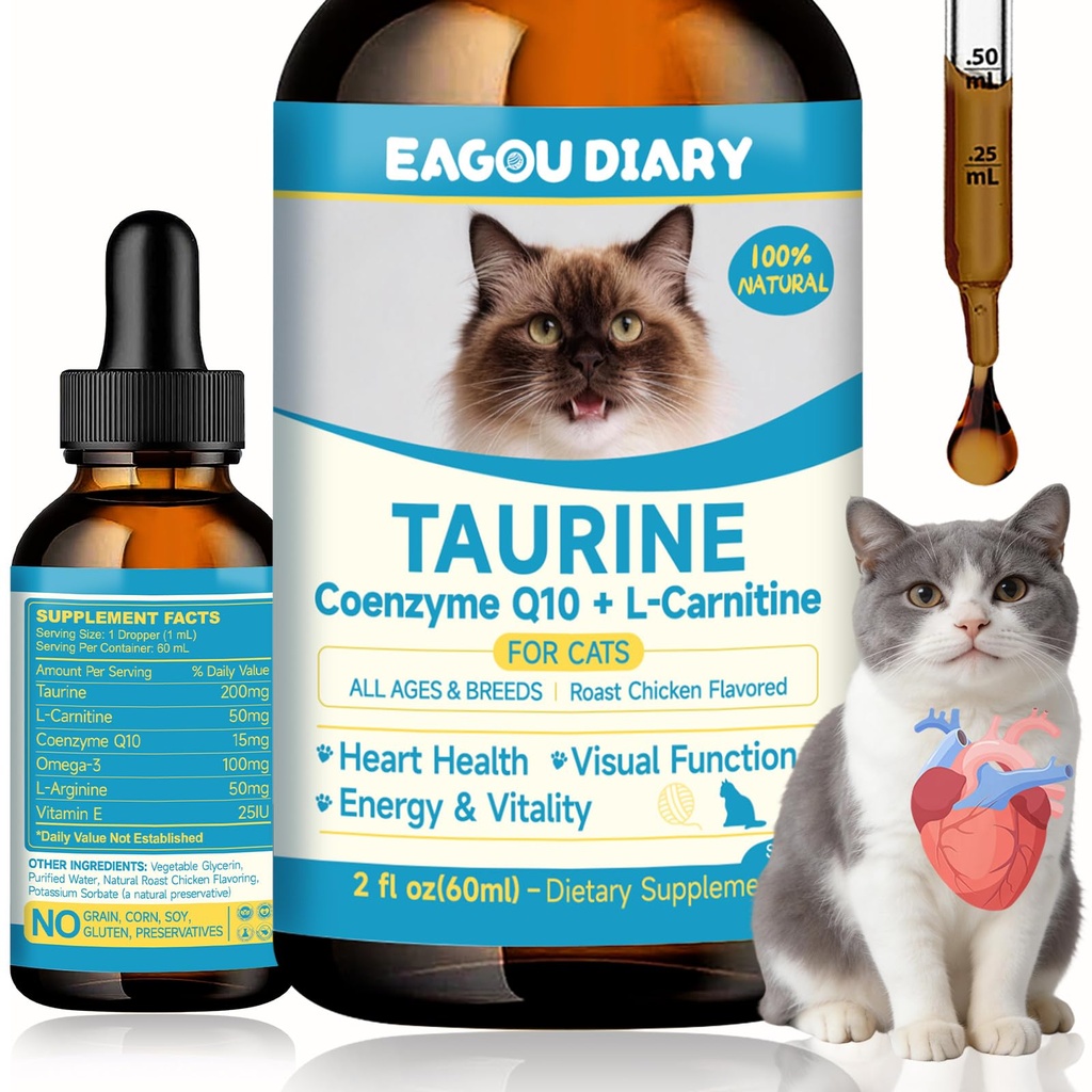 Taurine for Cats Drop - Taurine Supplement for Cats, Supports Feline Heart & Immune Function, Vision, Energy & Vitality, Coenzyme Q10, L-Carnitine, L-Arginine, Vitamin, Liquid Cat Taurine 60ML
