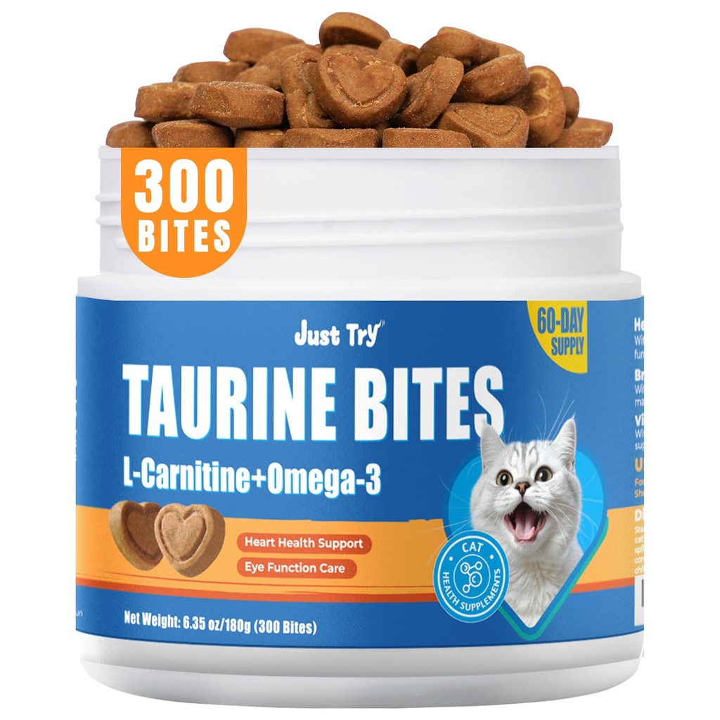6.35 oz Cat Taurine Bites - Taurine for Cats with L-Carnitine, Omega 3 and Vitamins - Supports Immune, Heart and Eyes Health Cat Supplements 300 Bites | Rich Taurine, L-Carnitine,Omega-3,Support Heart, Immune & Eye Health. Daily Supplement Chews For Cats