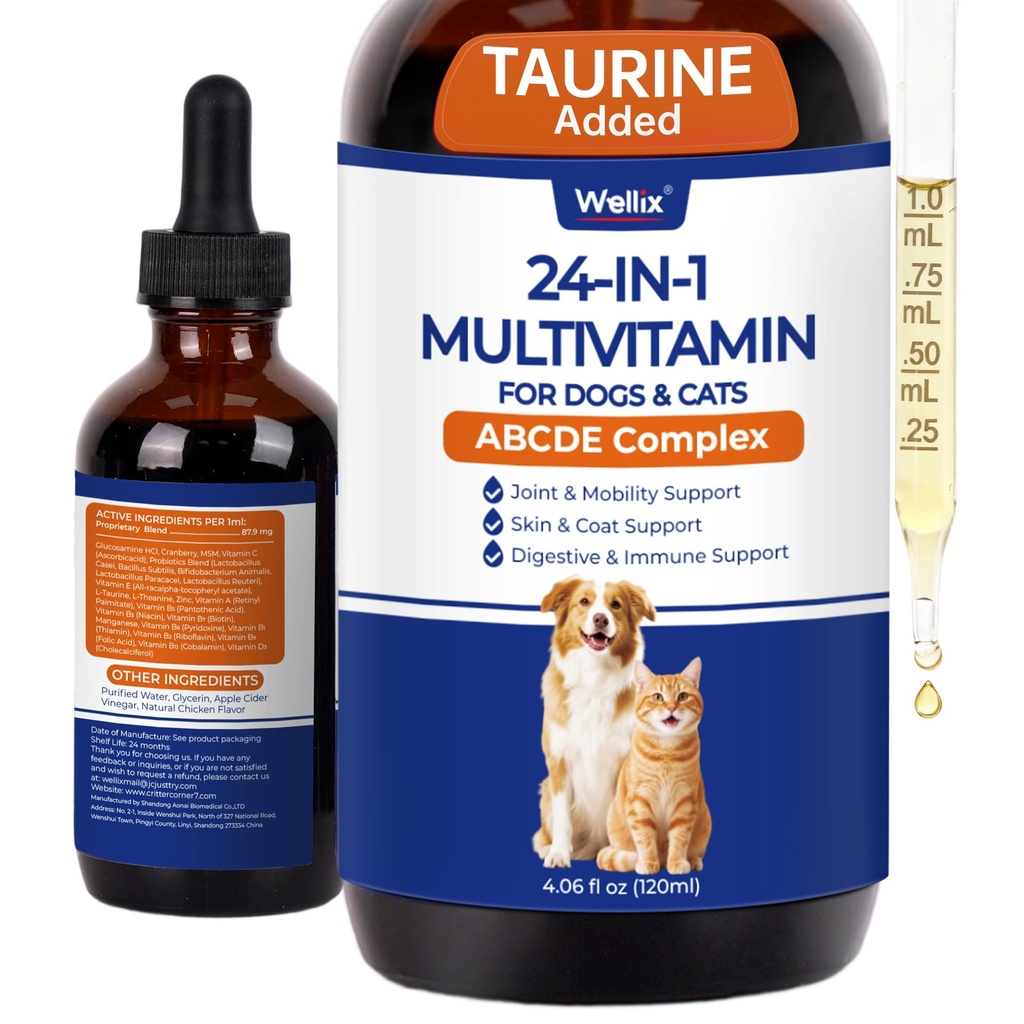 Wellix 4.06 FL oz 24-in-1 Liquid Multivitamin with Taurine for Dogs & Cats, Pet Vitamins and Supplements with Glucosamine, Cranberry, MSM, Probiotics - Itch&Allergy Relief, Joint Supplement for Pets