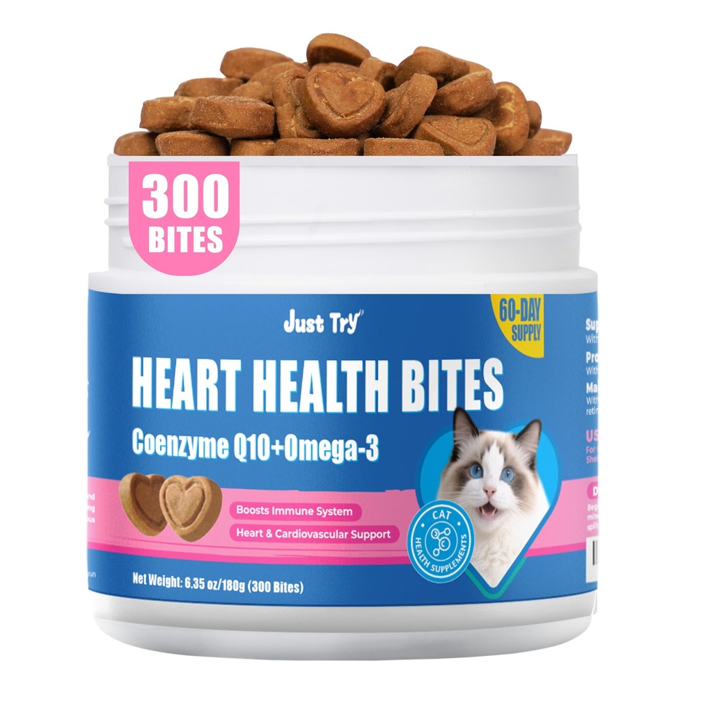 Just Try Coenzyme Q10 coq10 Bites for Cats - Advanced q10 & Taurine Cat Treats for Feline Heart Health - Chicken Flavored - Supports Heart Function - 300 Count