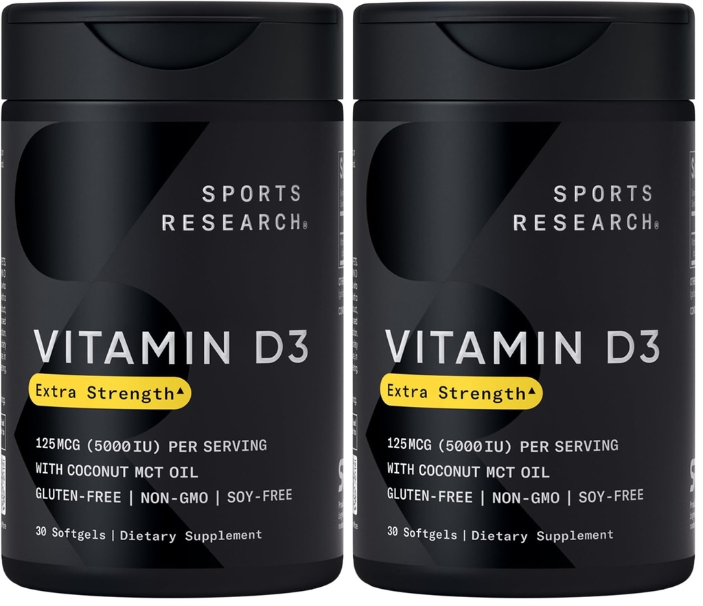 Sports Research Vitamin D3 5000 IU with Coconut MCT Oil - Extra Strength Vitamin D Supplement - Non-GMO Verified, Gluten & Soy Free – 125mcg, 30 Liquid Softgels (Pack of 2)