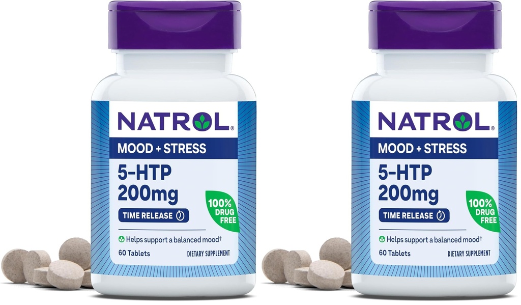 Natrol 5-HTP 200mg Dietary Supplement to Support a Balanced Mood, 60 Time Release Tablets, 60 Day Supply,(Pack of 2)