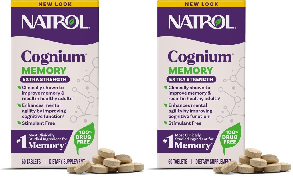 Natrol Cognium Memory Extra Strength, Brain Health Supplements for Adults, Brain Memory Supplements, Enhances Mental Agility in Healthy Adults, 60 Tablets, Up to a 30 Day Supply, (Pack of 2)