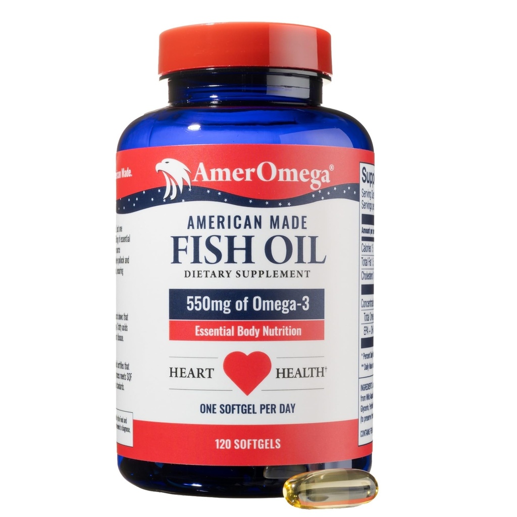 Αμέρ Ωμέγα Τριγλυκερίδιο Ωμέγα-3 Fish Oil for Heart Health Support - Wild-Caught Alaska Walleye Pollock - American-Sourced, American-Made - Μη ΓΤΟ, Χωρίς Γλουτένη & Γαλακτοκομικά - 120 Softgels