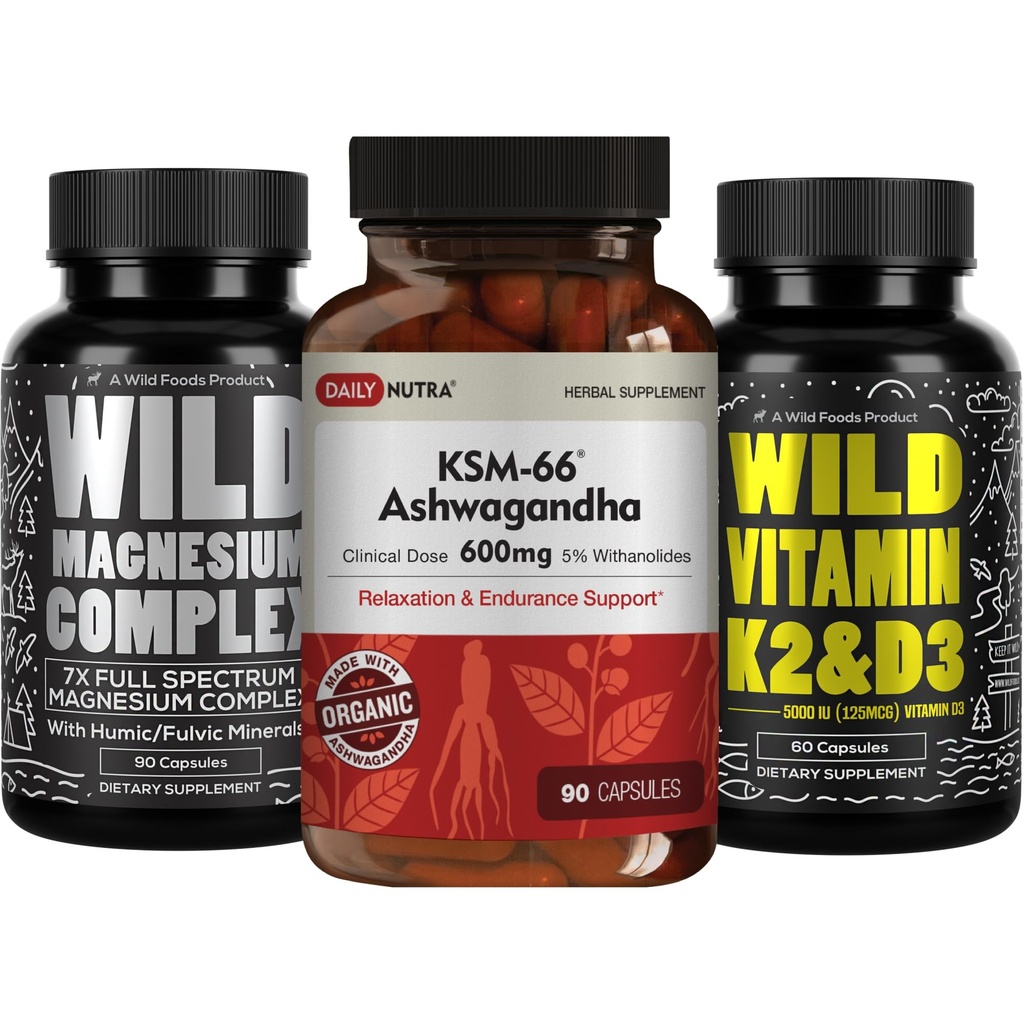 DailyNutra KSM 66 Ashwagandha (90 Capsules) Ashwagandha (90 Capsules), Magnesium Complex (90 Capsules), and Vitamin D3K2 (60 Capsules) Bundle for Wellness