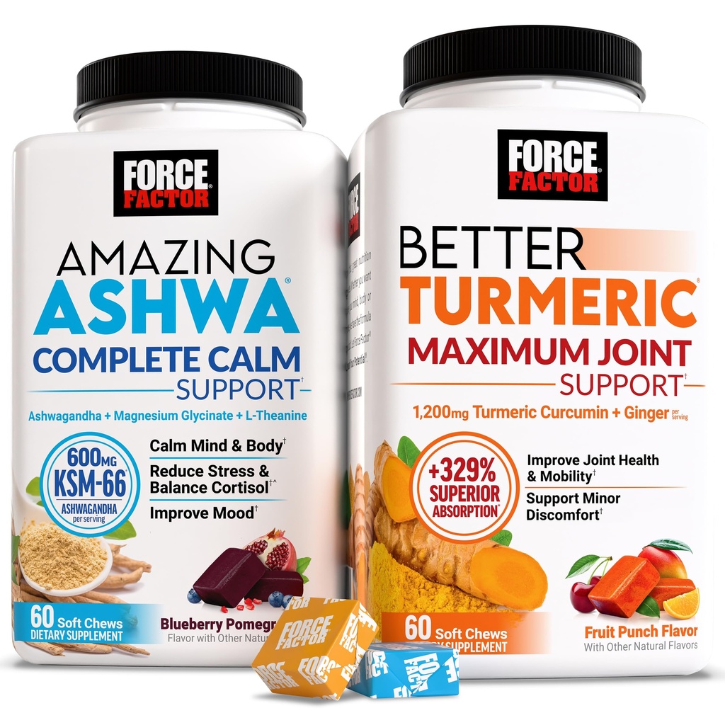 Force Factor Better Turmeric Maximum Joint Support, 1075mg Curcumin Amazing Ashwa Complete Calm Support with KSM-66 Ashwagandha, 120 Soft Chews