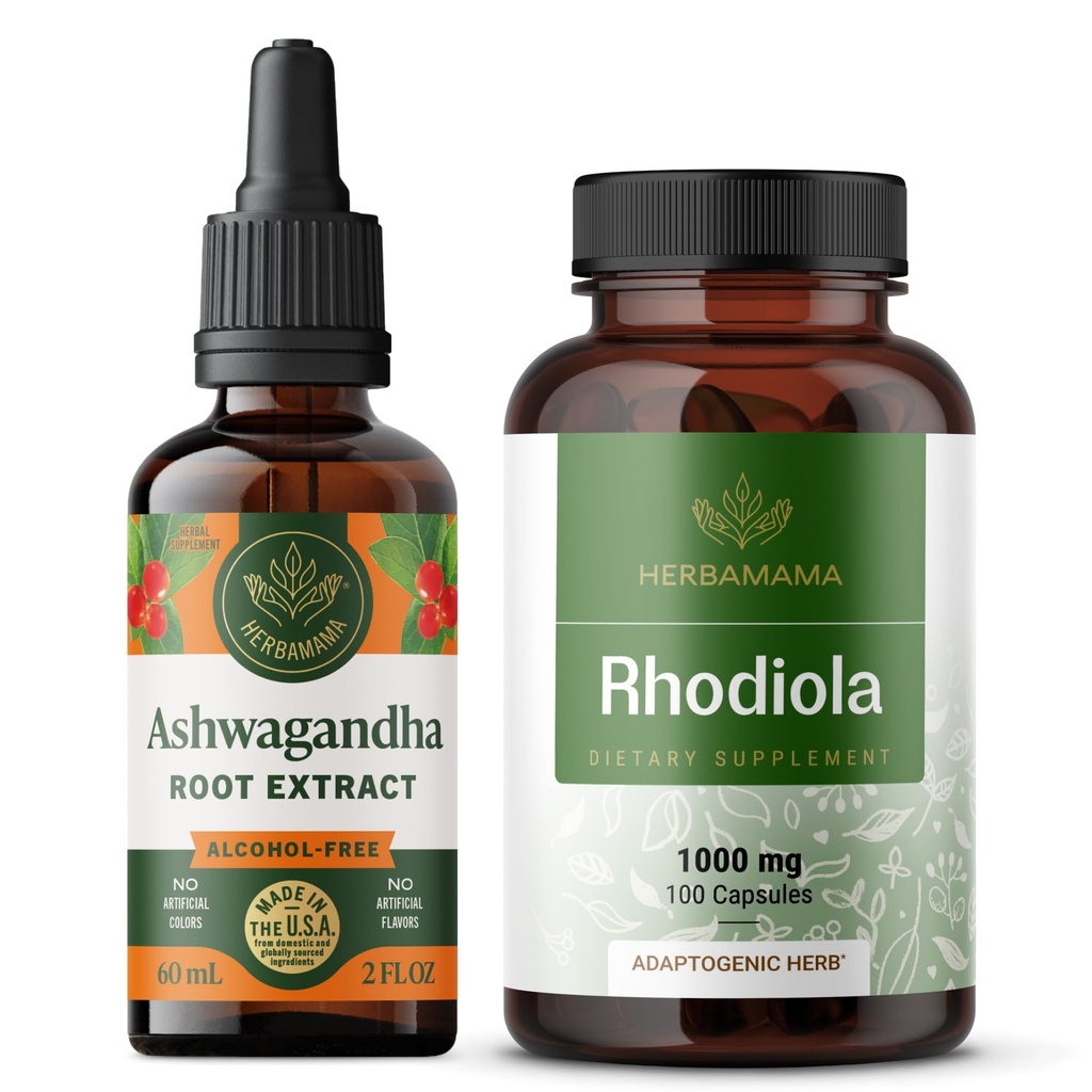 HERBAMAMA Ashwagandha and Rhodiola Rosea Kit - Bundle of Ashwagandha Liquid Drops 2 Fl Oz & 1000mg Rhodiola Rosea Capsules - Vegan, Non-GMO, Gelatin-Free - 2 Pack