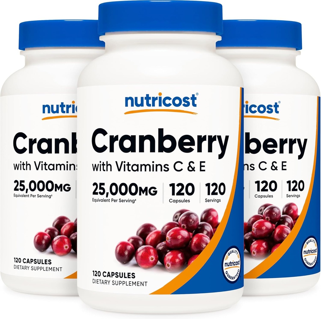 Nutricost Cranberry Extract 25.000mg (120 μερίδες) 3 φιάλες με βιταμίνη C & E