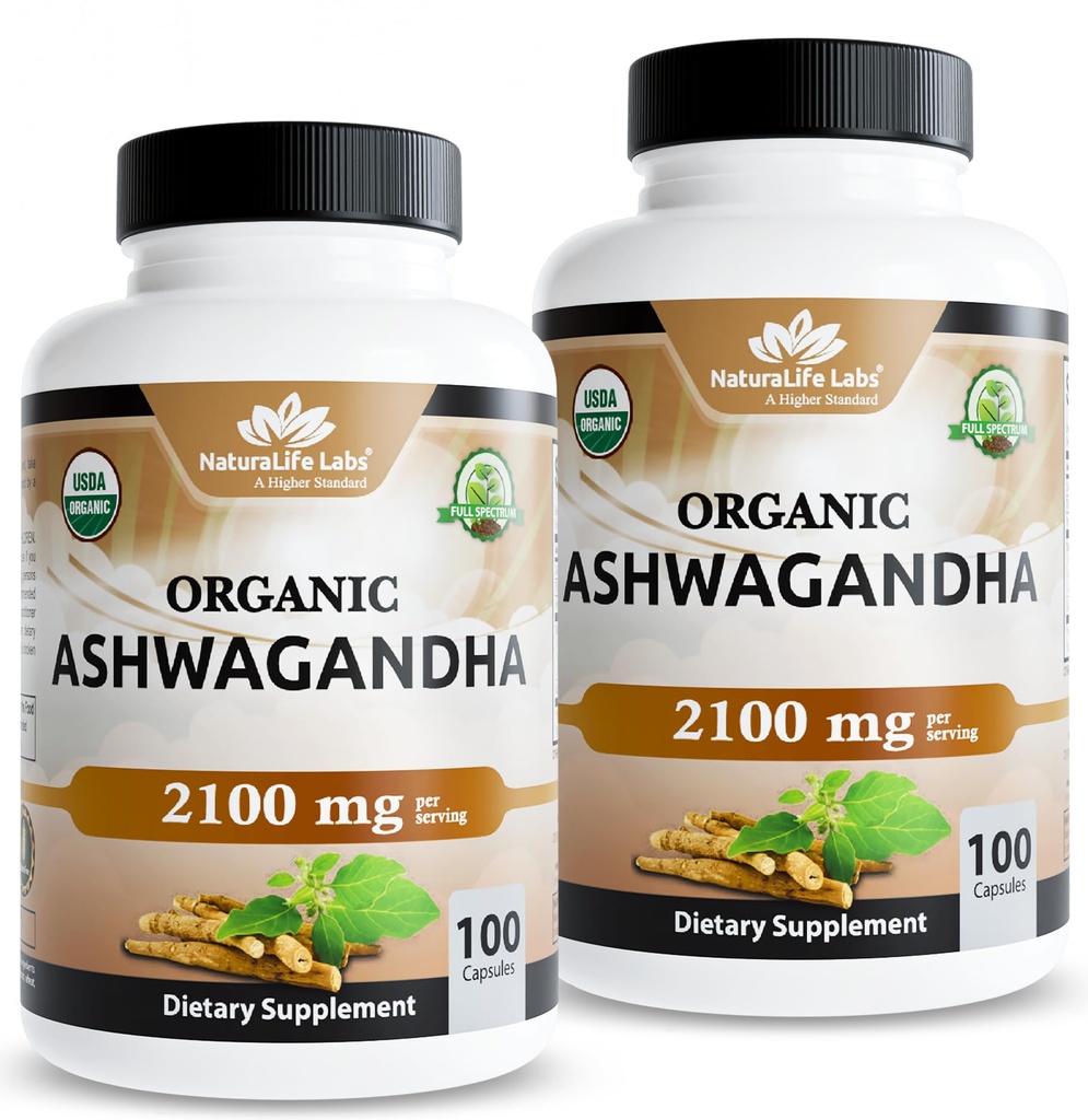NaturaLife Labs Organic Ashwagandha 2100 mg per Serving – Full Spectrum Root Powder and Standardized Extract (Withanolides) – 100 Capsules – Vegan – Non-GMO, Gluten-Free (2 Pack)