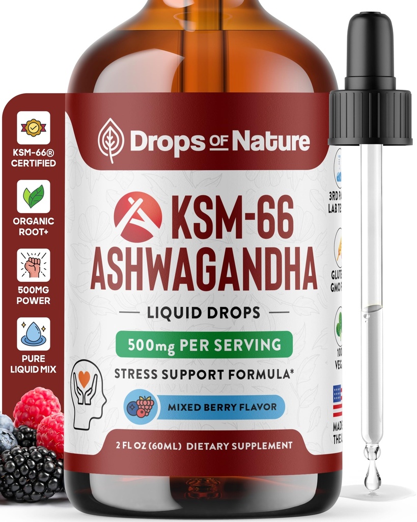 KSM-66 Ashwagandha Liquid Drops – Vegan, GMO Free & Fast Absorbing Form – Ashwagandha Supplements for Daily Wellness Support – Promotes Focus and Clarity – Supports Daily Vitality (Mixed Berry, 60ml)