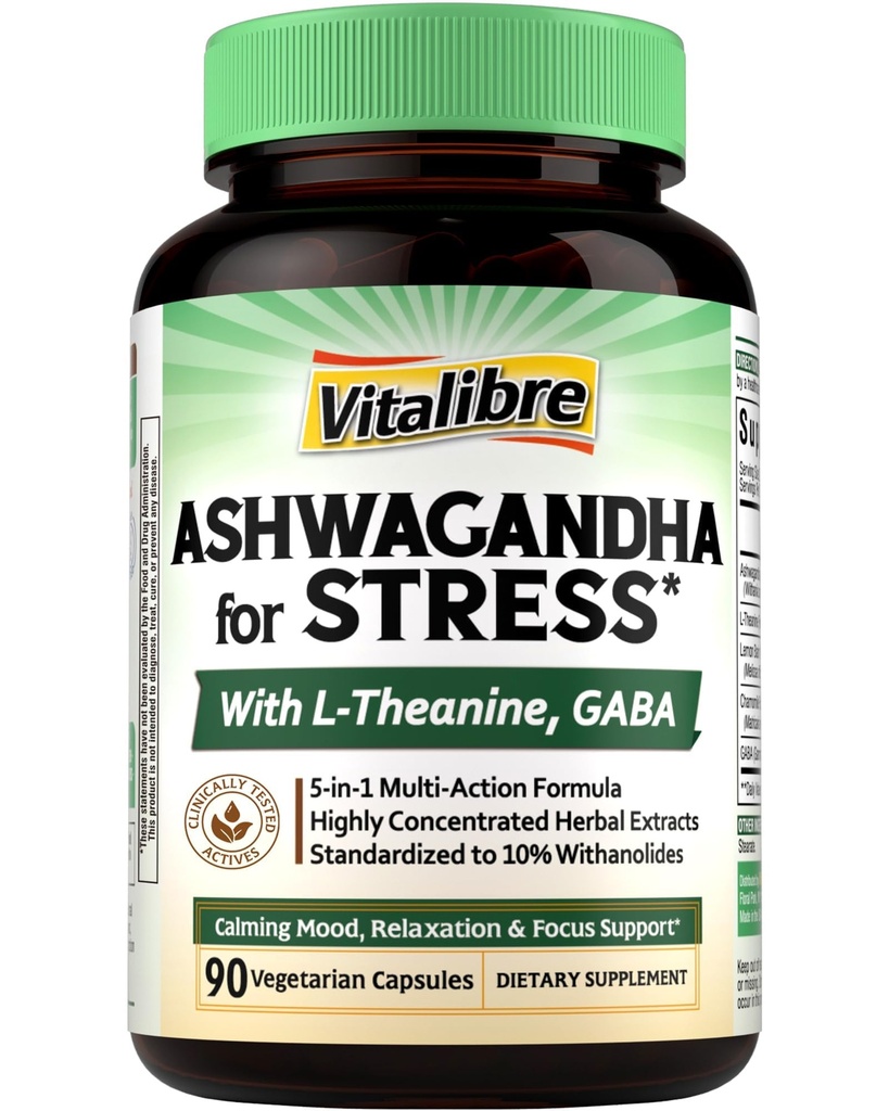 Vitalibre Ashwagandha Supplement for Women Men, 20:1 Ashwagandha Extract Plus L-Theanine, GABA, Lemon Balm & More, Extra Strength, High Absorption, Calming Mood & Focus, 90 Vegan Capsules, Non-GMO
